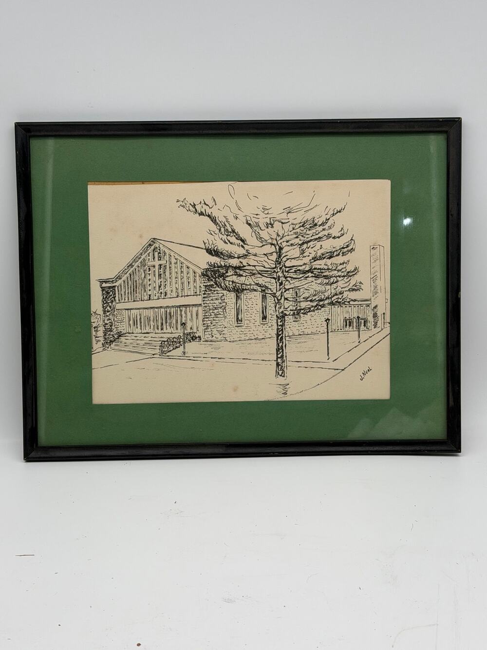 Framed Original Pen & Ink Church Sketch Signed J. Neal - 17” x 13”